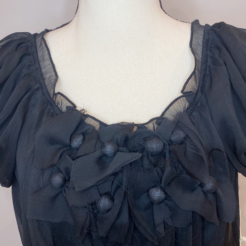 NWT Vintage Luca Couture mini dress puff sleeve black belted stretch appliqué - Picture 3 of 11